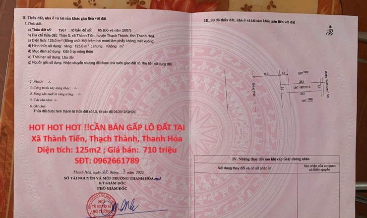 HOT HOT HOT !!CẦN BÁN GẤP LÔ ĐẤT TẠI Xã Thành Tiến, Thạch Thành, Thanh Hóa