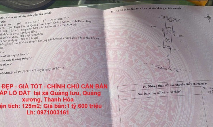 ĐẤT ĐẸP - GIÁ TỐT - CHÍNH CHỦ CẦN BÁN GẤP LÔ ĐẤT  tại xã Quảng lưu, Quảng xương, Thanh Hóa