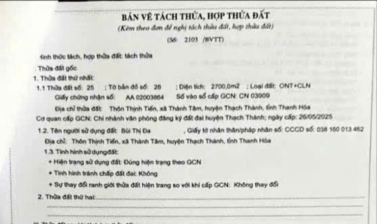 Chính chủ bán lô đất tại Thành Tâm – Thạch Thành – Thanh Hóa. Chỉ hơn 1 triệu/m2.
