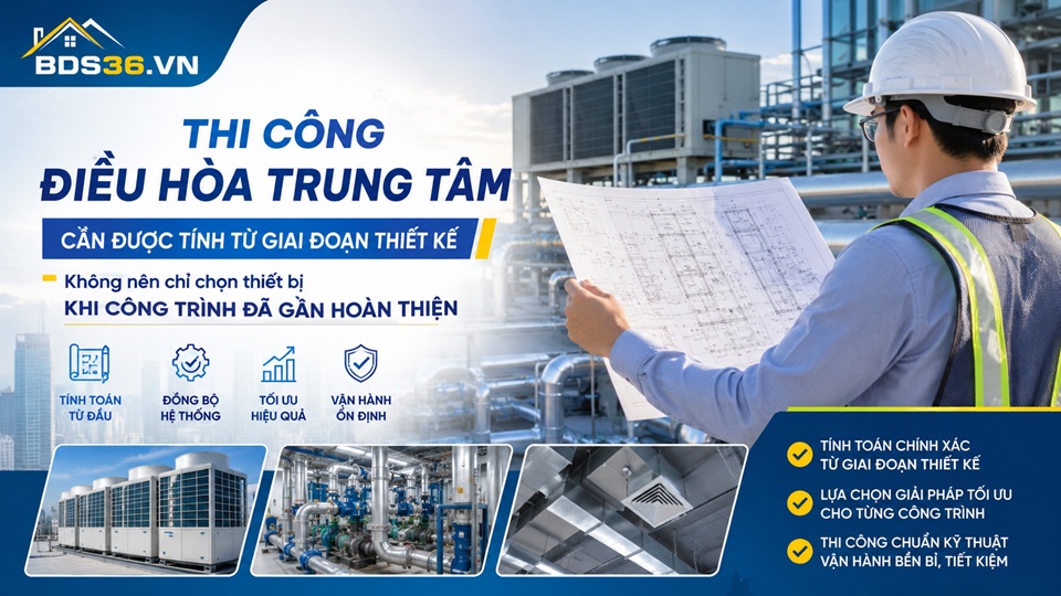 Kỹ sư kiểm tra bản vẽ và hệ thống điều hòa trung tâm cho công trình hiện đại
